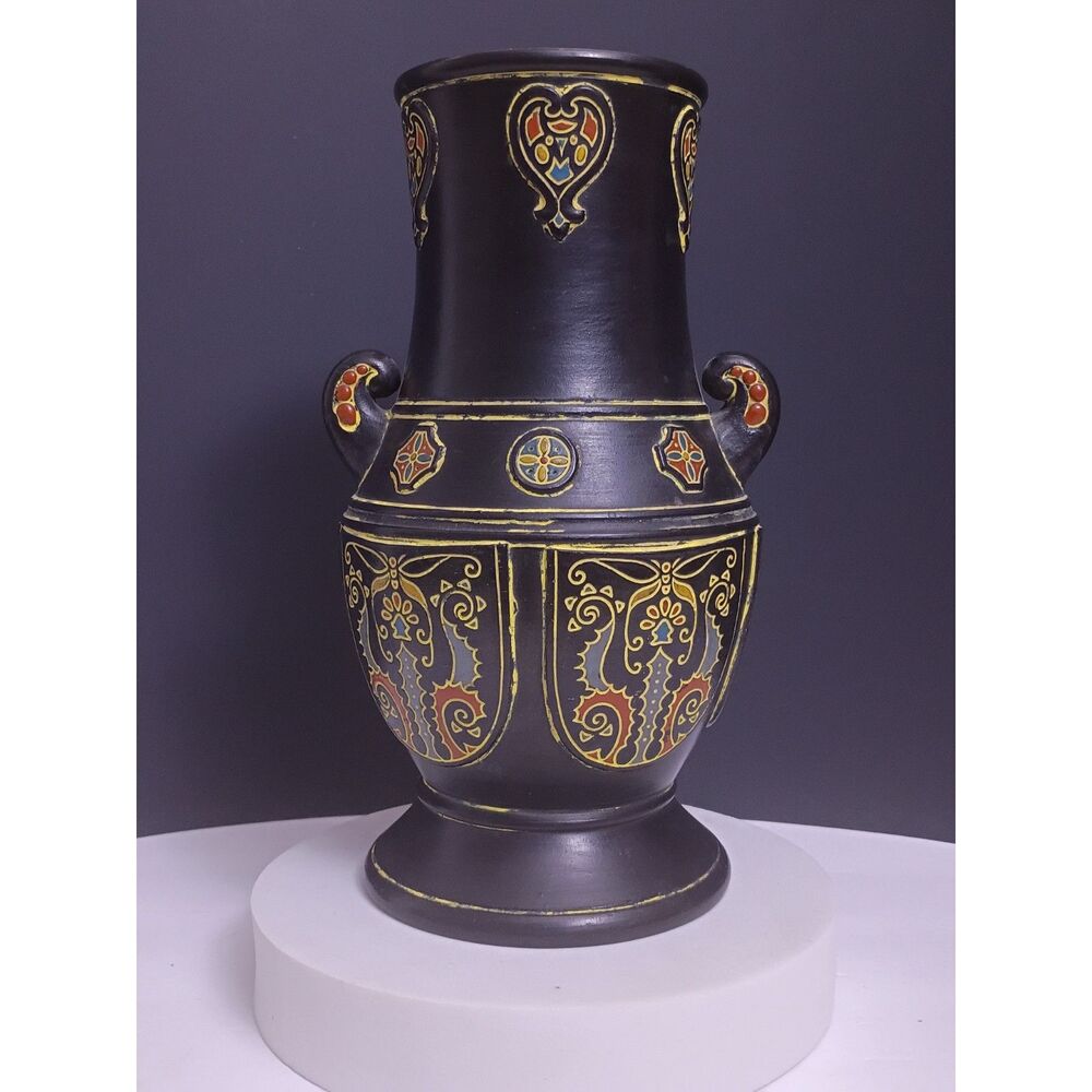 Ornate Japanese Resin  9.5" Black Vase With Colorful Embossed Floral Motif